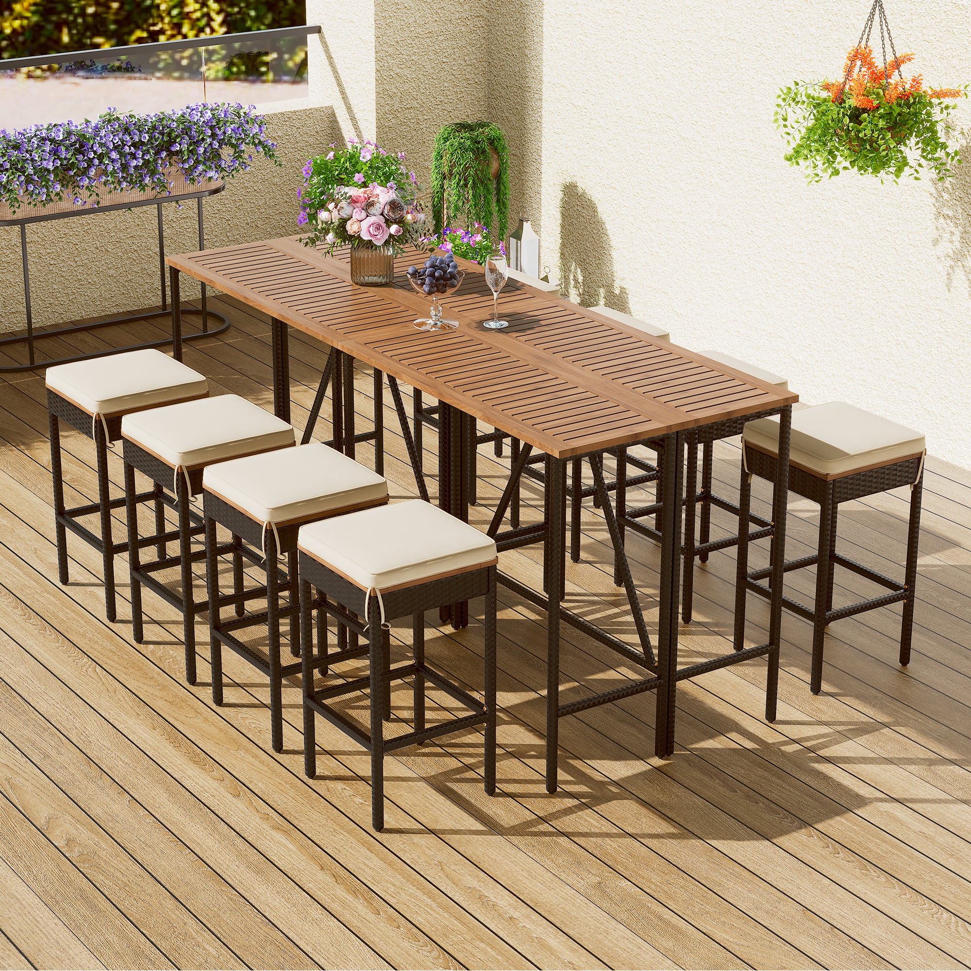 10-Piece Outdoor Acacia Wood Bar Height Table And Eight Stools With Cushions