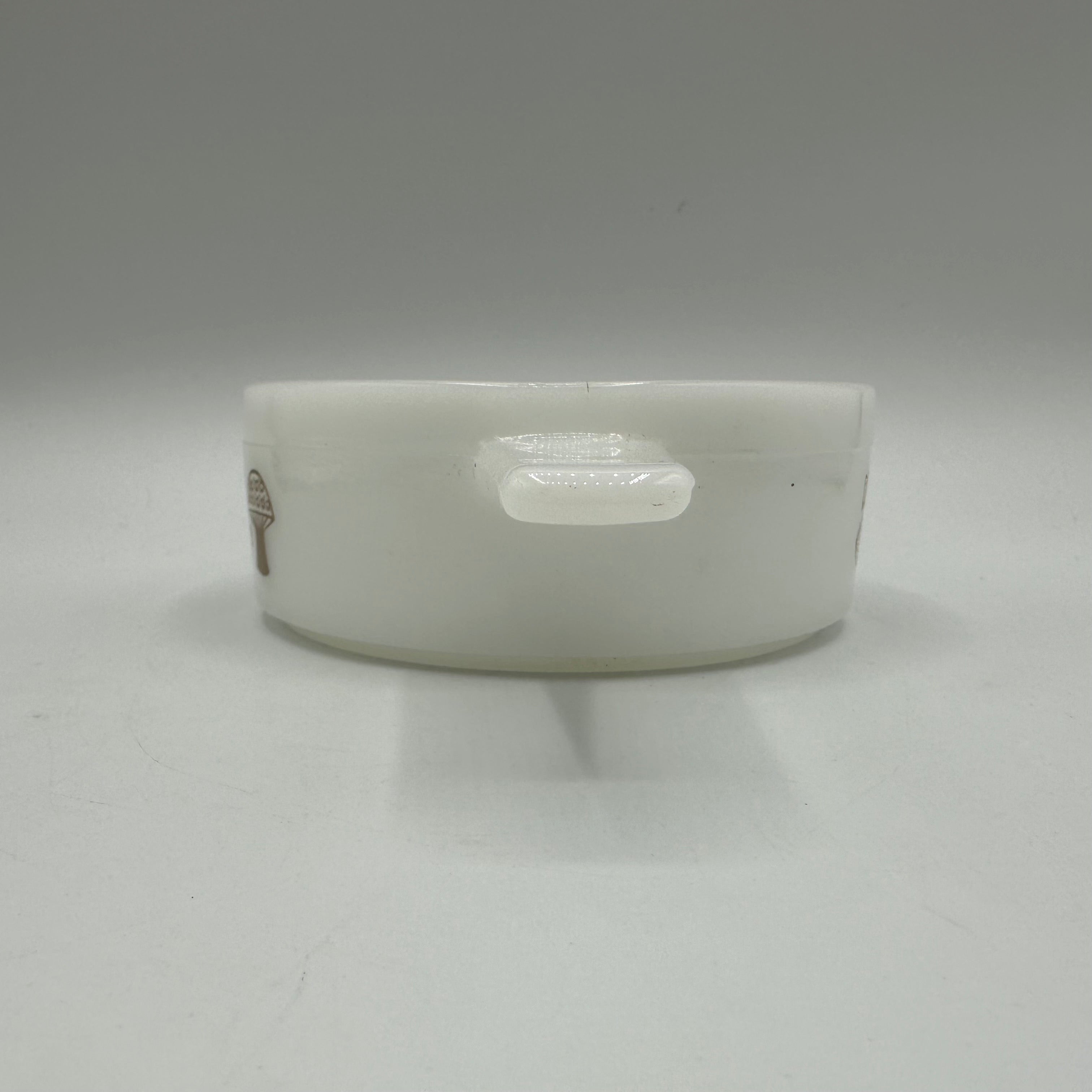 Glasbake Milk Glass Soup Bowls Handled Mushroom Print J-2639, Set of 2