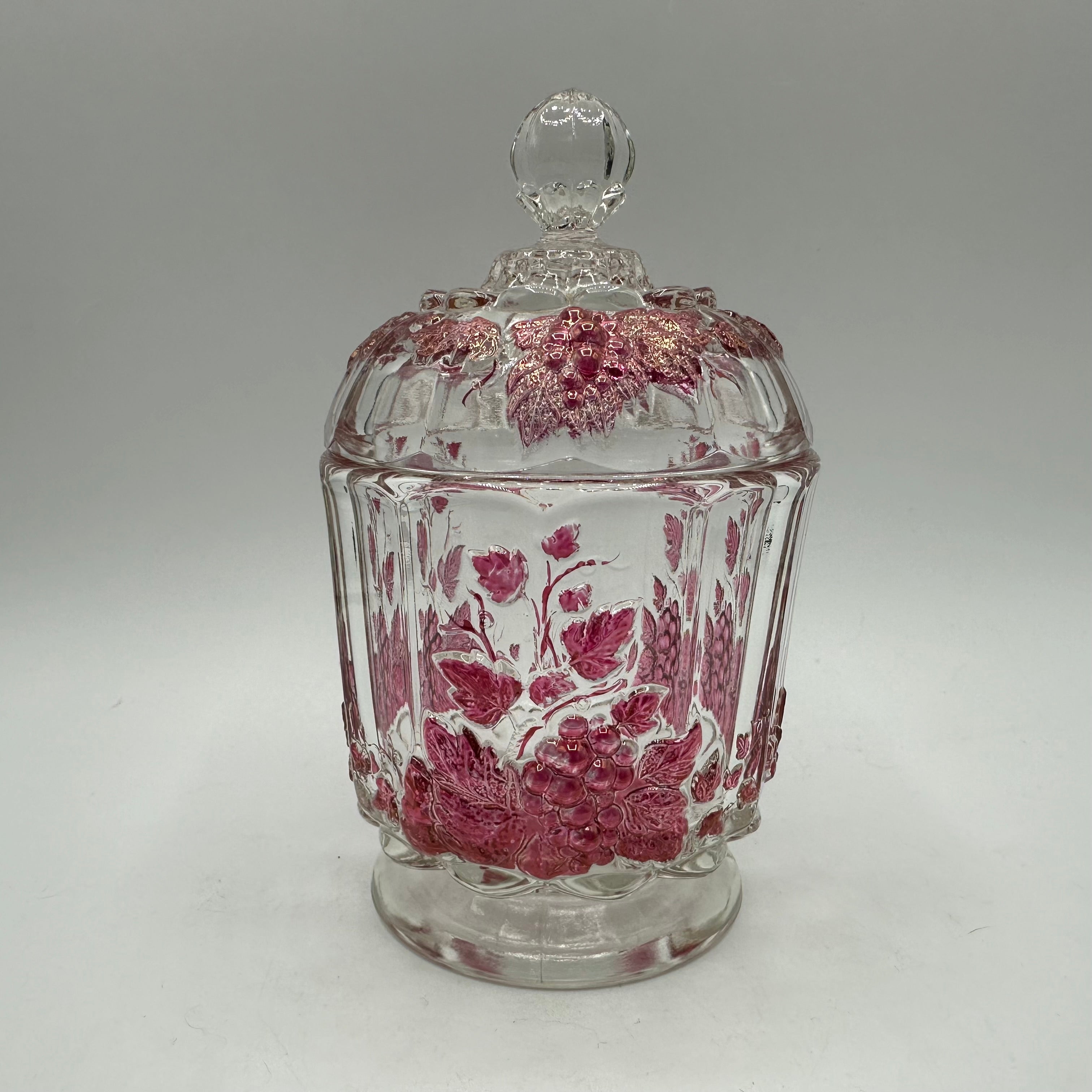 Westmoreland Lidded Candy Dish, Clear With a Red Flash Grape Design
