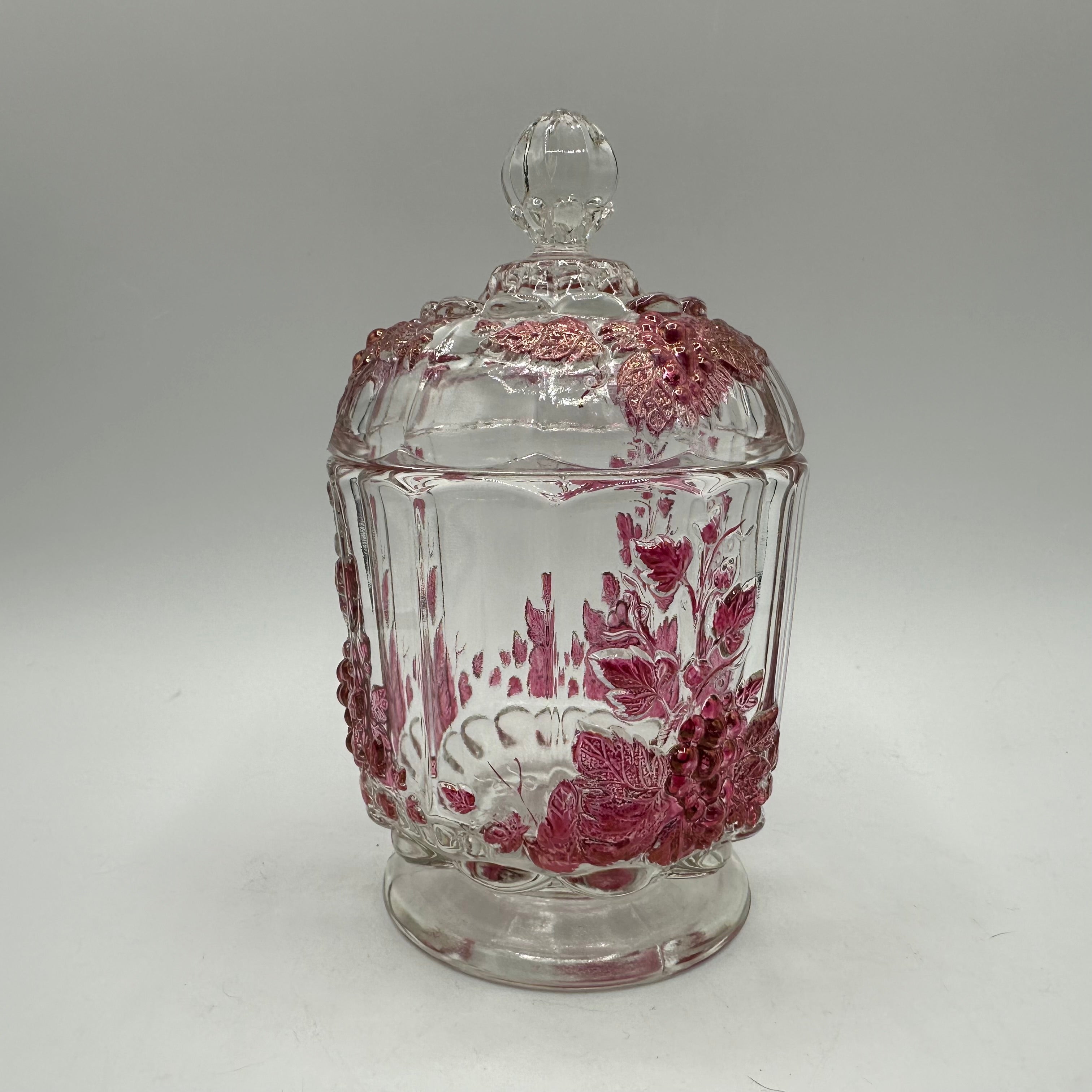 Westmoreland Lidded Candy Dish, Clear With a Red Flash Grape Design