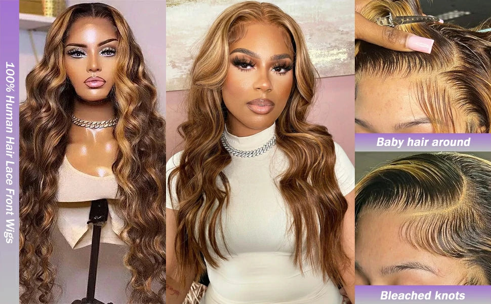 Pelucas de encaje HD con reflejos 4/27 de Brennas Hair, pelucas de encaje 13x4/13x6, cabello virgen ondulado precoloreado