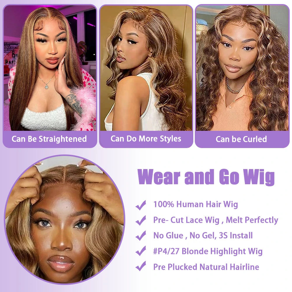 Peluca de cabello humano precortada con encaje, sin pegamento, para principiantes, con ondas corporales, 4 x 4/6 x 4,5 pulgadas, con cierre de encaje, prearrancada y lista para usar