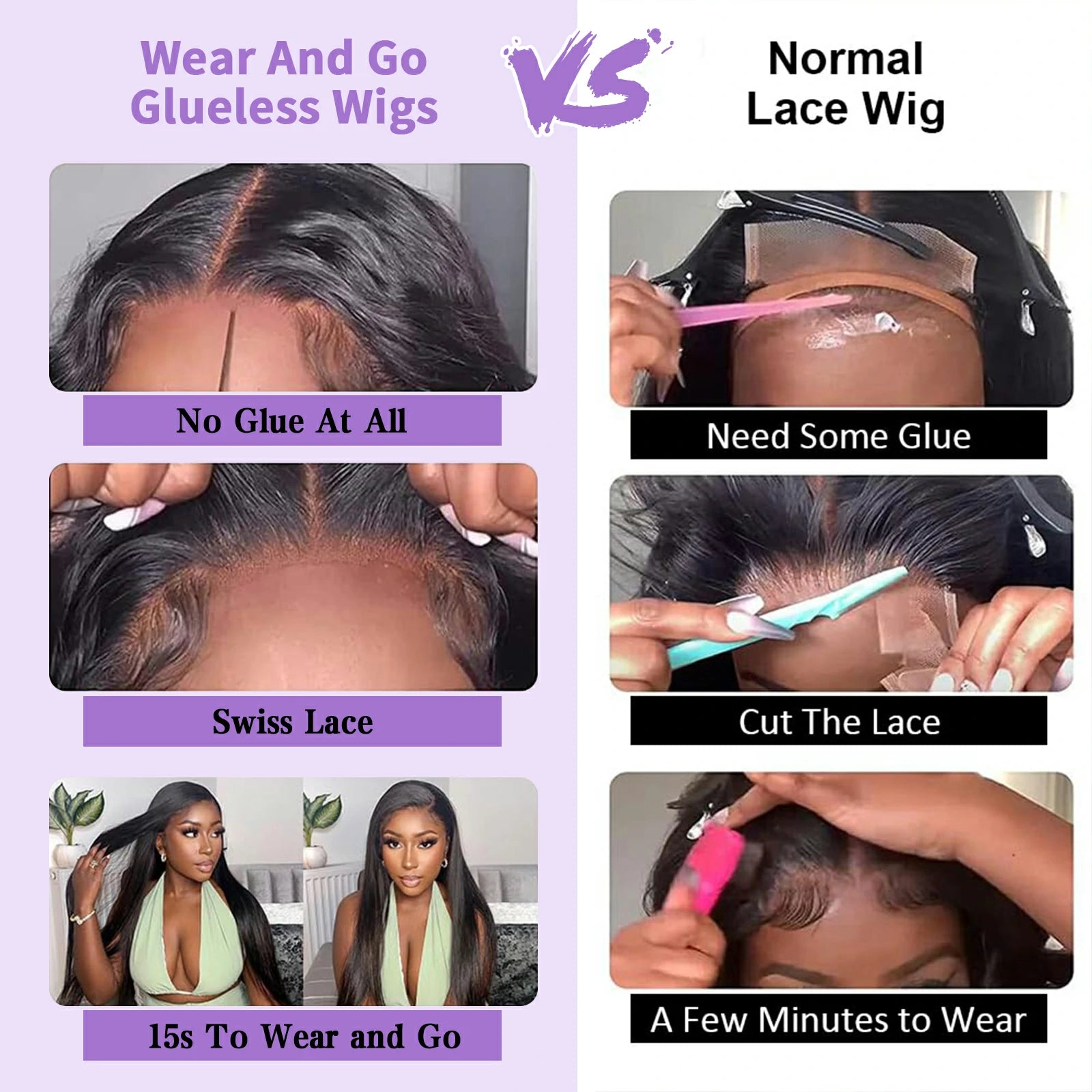 Peluca precortada de encaje liso, sin pegamento, transpirable, con gorro y sin costuras, de Brennas Hair Wear & Go 4x4/6x4.5