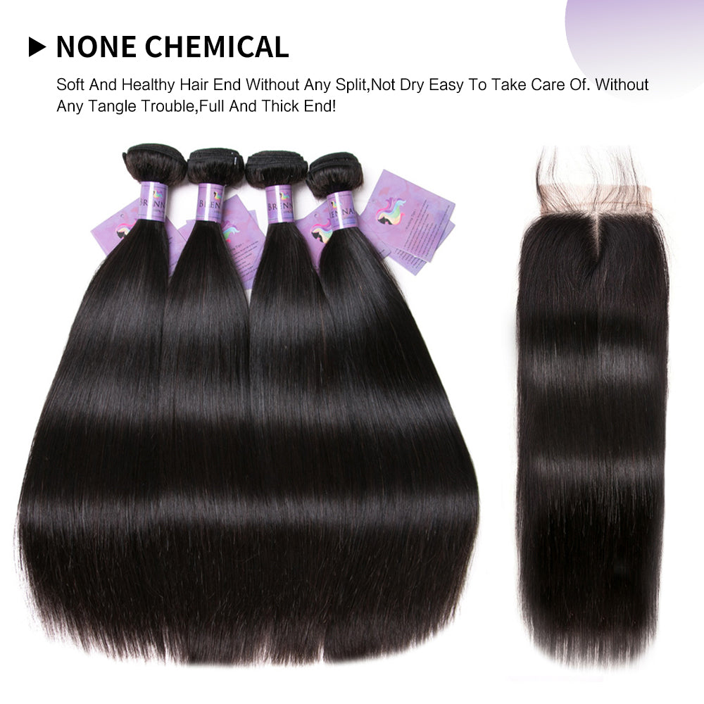 Brennas Straight 4 Bundles con chiusura 4x4 Capelli umani naturali brasiliani