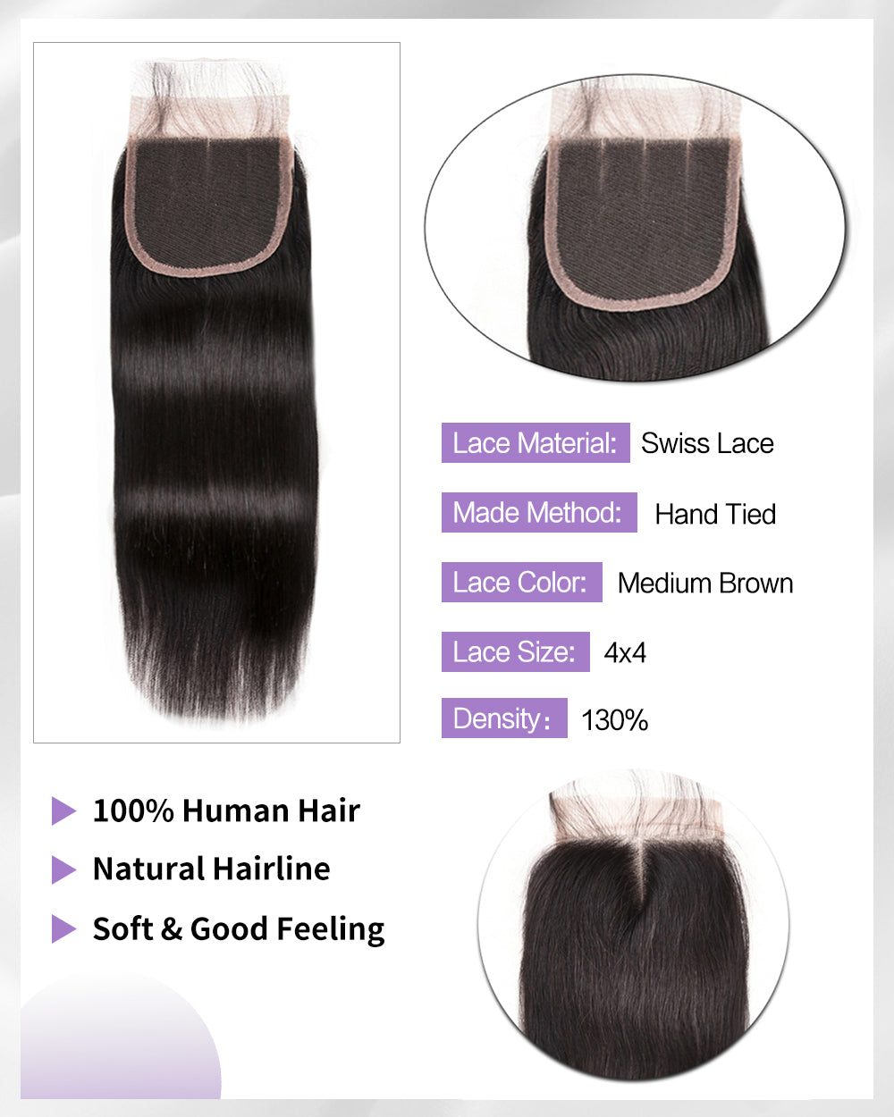 Brennas Straight 4 Bundles con chiusura 4x4 Capelli umani naturali brasiliani