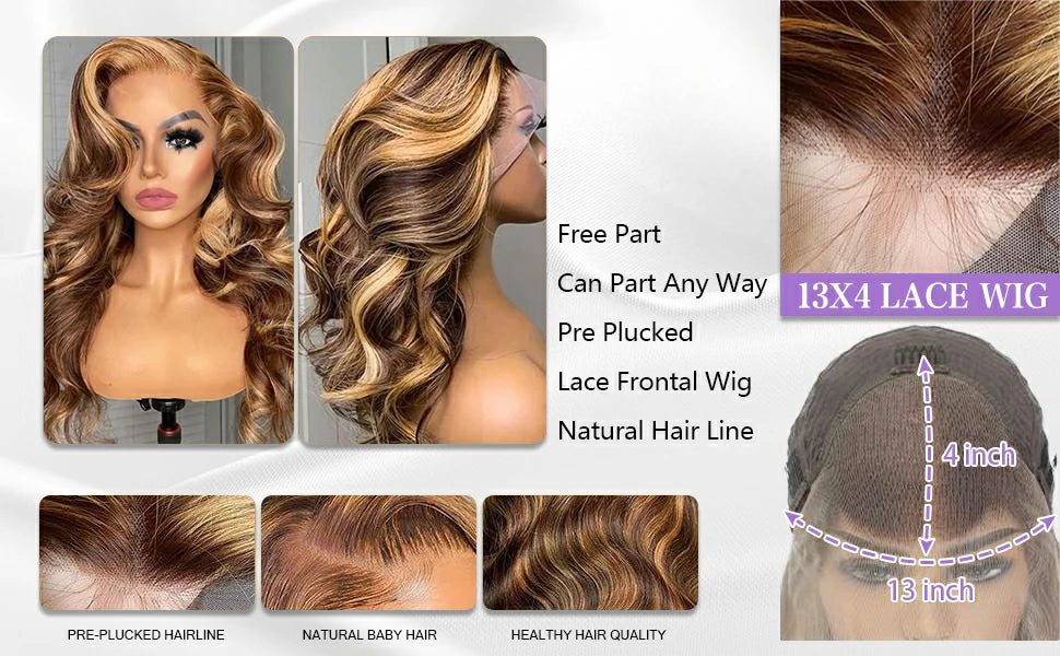 Parrucche per capelli umani con pizzo frontale in pizzo trasparente con onde del corpo Brennas per donne, invisibili e pre-pizzicate