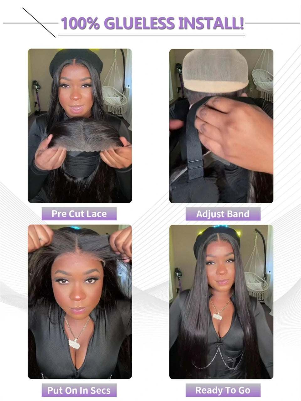 Instalación 100 % sin pegamento: peluca precortada de cabello de Brennas Hair