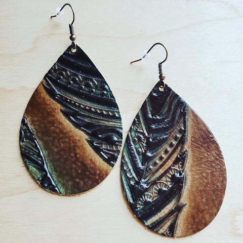 Tan/Turquoise Embossed Feather Earrings
