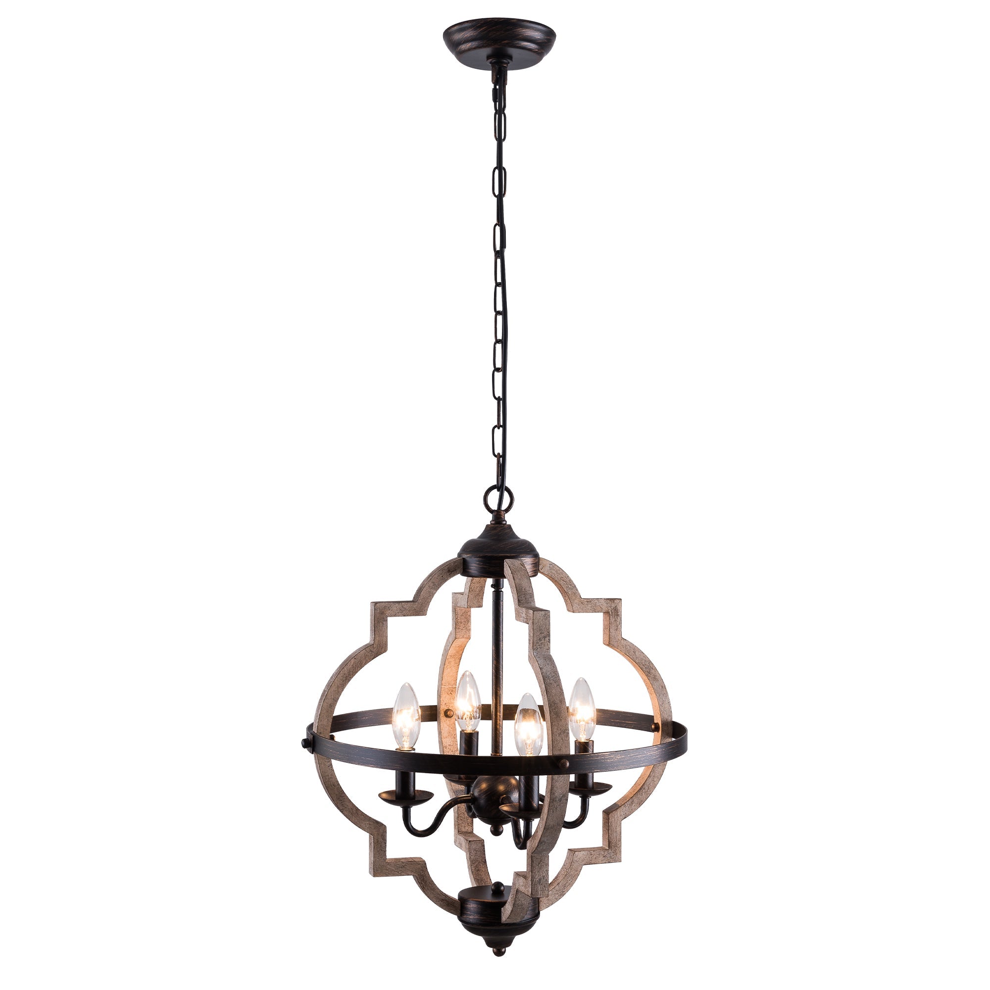UHG Orb Candle 4-Light Chandelier in Wood Color Painted Finish, Rustic Farmhouse Flush Mount  Metal Pendant Lighting Fixture, Height Adjustable Ceiling Light for Dining&Living Room Bedroom Hallway Kitchen Island Foyer Entryway