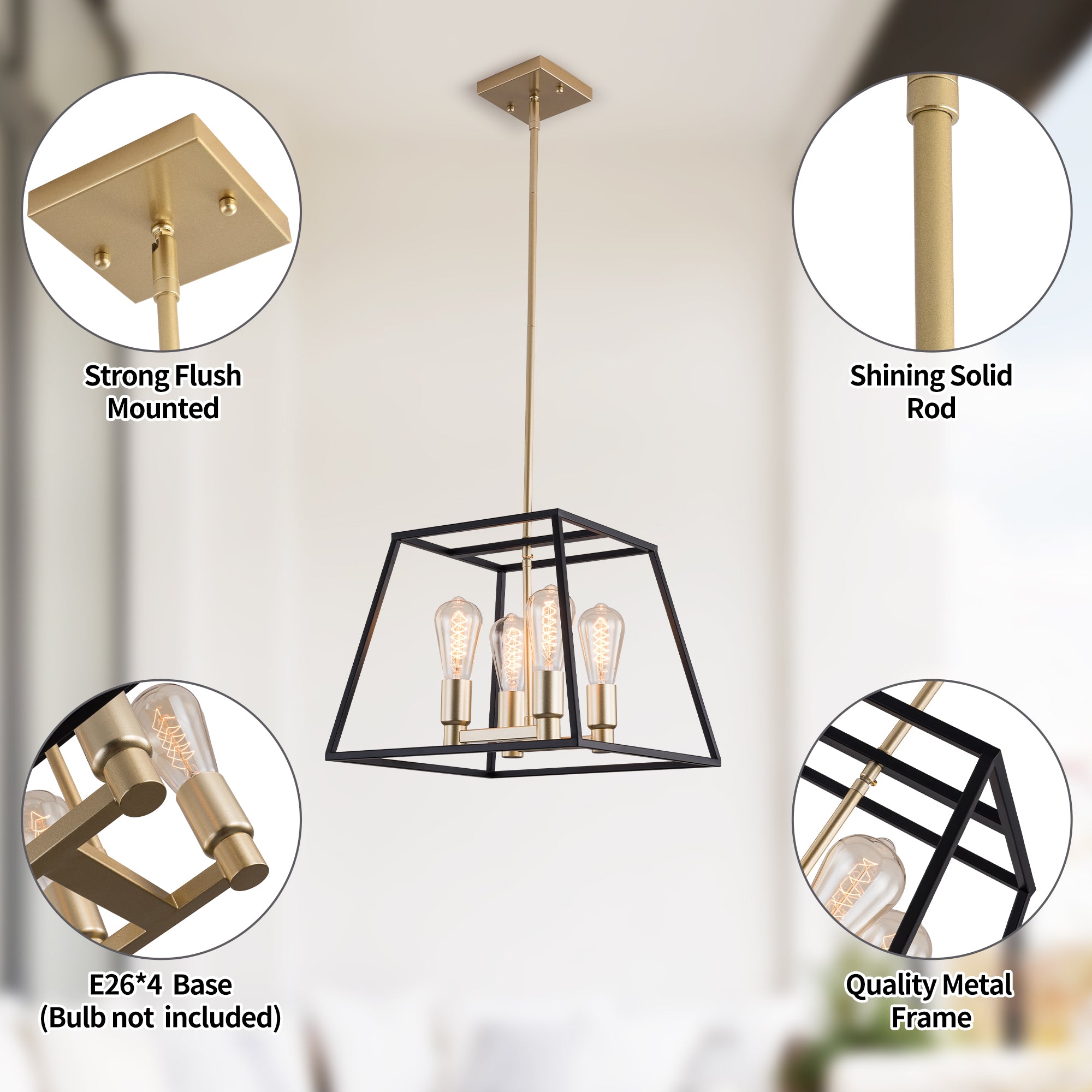 SIMPOL HOME 4-Light Farmhouse Chandelier with Glass Shade for Kitchen Island, Rustic Black-Gold Flush Mount Ceiling Light Fixture for Living&Dining Room Foyer Entryway, Height Adjustable Metal Pendant Lighting for Bedroom Hallway