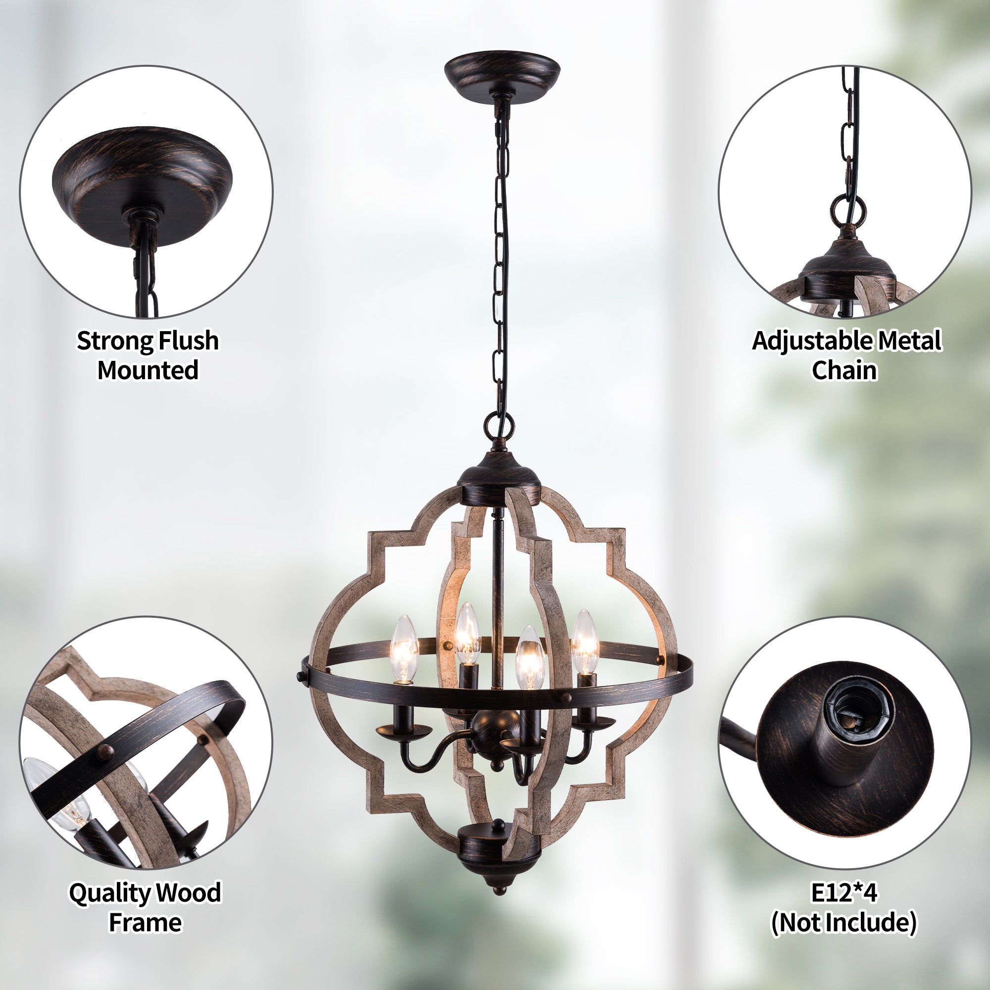 SIMPOL HOME Orb Candle 4-Light Chandelier in Wood Color Painted Finish, Rustic Farmhouse Flush Mount Ceiling Light Fixture, Height Adjustable Metal Pendant Lighting for Dining&Living Room Bedroom Hallway Kitchen Island Foyer Entryway