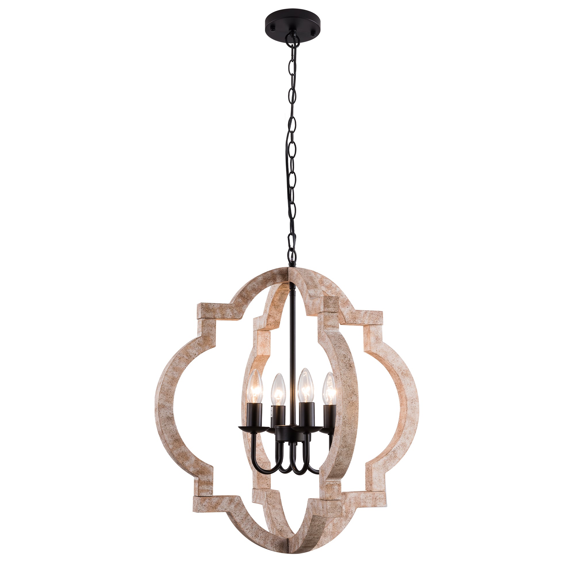 SIMPOL HOME Orb Candle 4-Light Chandelier in Wood Color Painted Finish, Rustic Farmhouse Flush Mount Ceiling Light Fixture, Height Adjustable Metal Pendant Lighting for Dining&Living Room Bedroom Hallway Kitchen Island Foyer Entryway