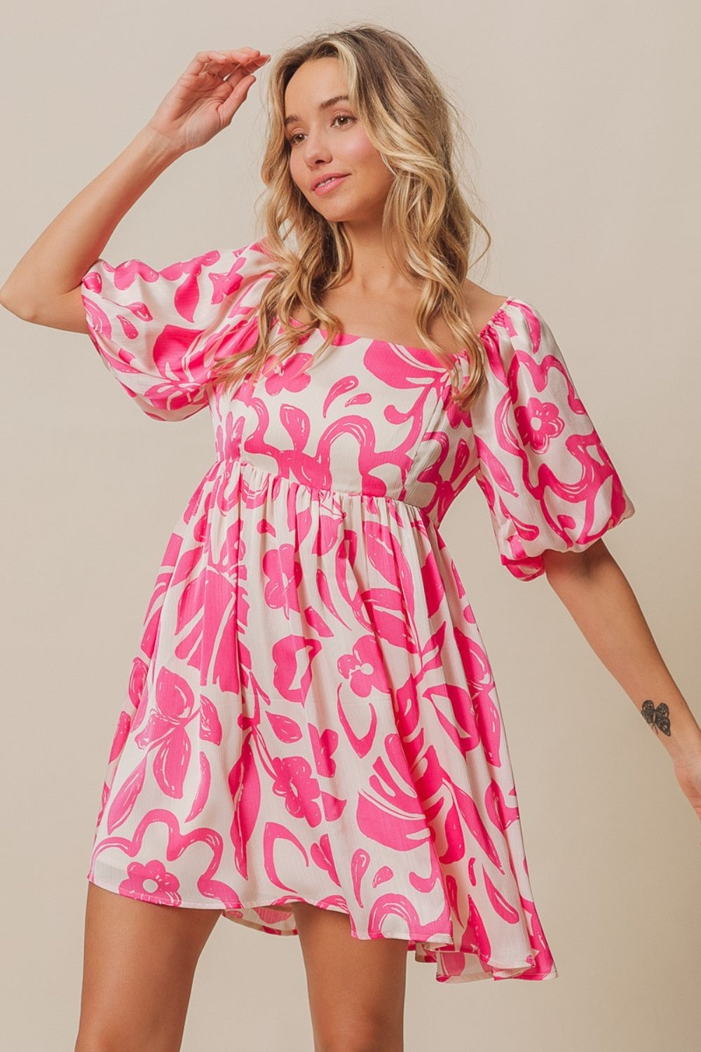 BiBi Tropical Floral Pattern Puff Sleeve Square Neck Dress