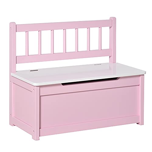 Qaba 2-in-1 Kids Wooden Toy Organizer Chest Storage Box with Seat Bench Cabinet Chunk Cube with Safety Pneumatic Rod Pink
