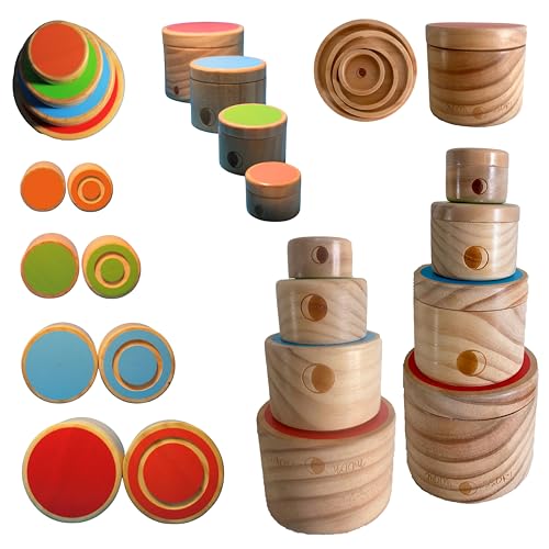 MOON SSORI Wooden Stacking CONTAINERS with LIDS. Back to The Basic Toys. Wooden Nesting cylinders. Learning Montessori Toys. Toddler Toys, Building Baby Blocks Game for Kids +18 Months and Older.