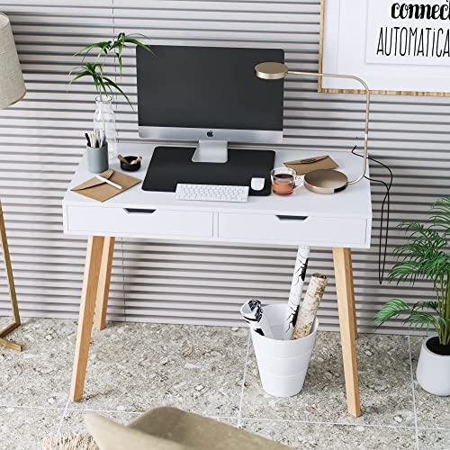 FOTOSOK White Computer Writing Desk with 2 Drawers, Small Desk Makeup Vanity Table Wood Desk with 4 Oak Legs, Modern Home Office Desk Console Study Table