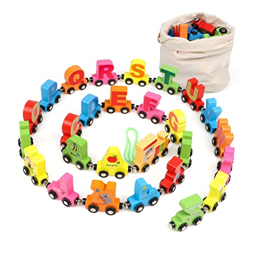 Wondertoys Wooden Alphabet Train Toy 27 PCS Wooden Magnetic Alphabet ABC Train Set Wooden Letter Trains for Toddlers, Compatible with Train Set Tracks Wooden Double-sided Train Toy Include Storage Bag