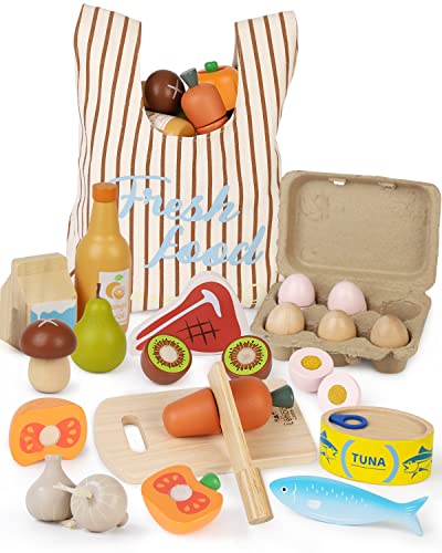 Wooden Play Food Sets for Kids Kitchen, Food Toys for Toddlers 3+ Year Old, with Shopping Bag, Pretend Food Play Kitchen Cutting Fruits Vegetables Toys, Gift for Boys Girls Educational Toys