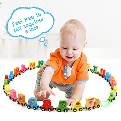 Wondertoys Wooden Alphabet Train Toy 27 PCS Wooden Magnetic Alphabet ABC Train Set Wooden Letter Trains for Toddlers, Compatible with Train Set Tracks Wooden Double-sided Train Toy Include Storage Bag