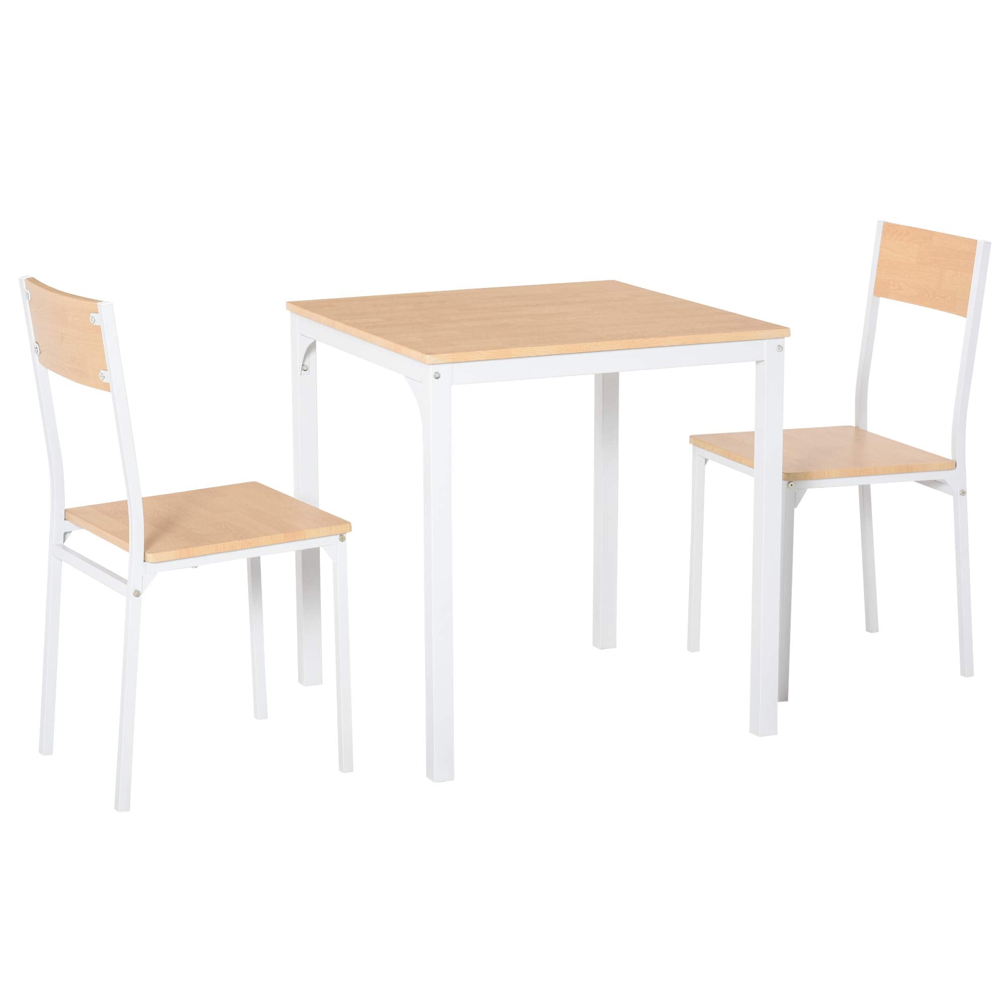 HOMCOM 3-Piece Wooden Square Dining Table Set with 1 Table and 2 Chairs and Sturdy Metal Frame for Small Space, White