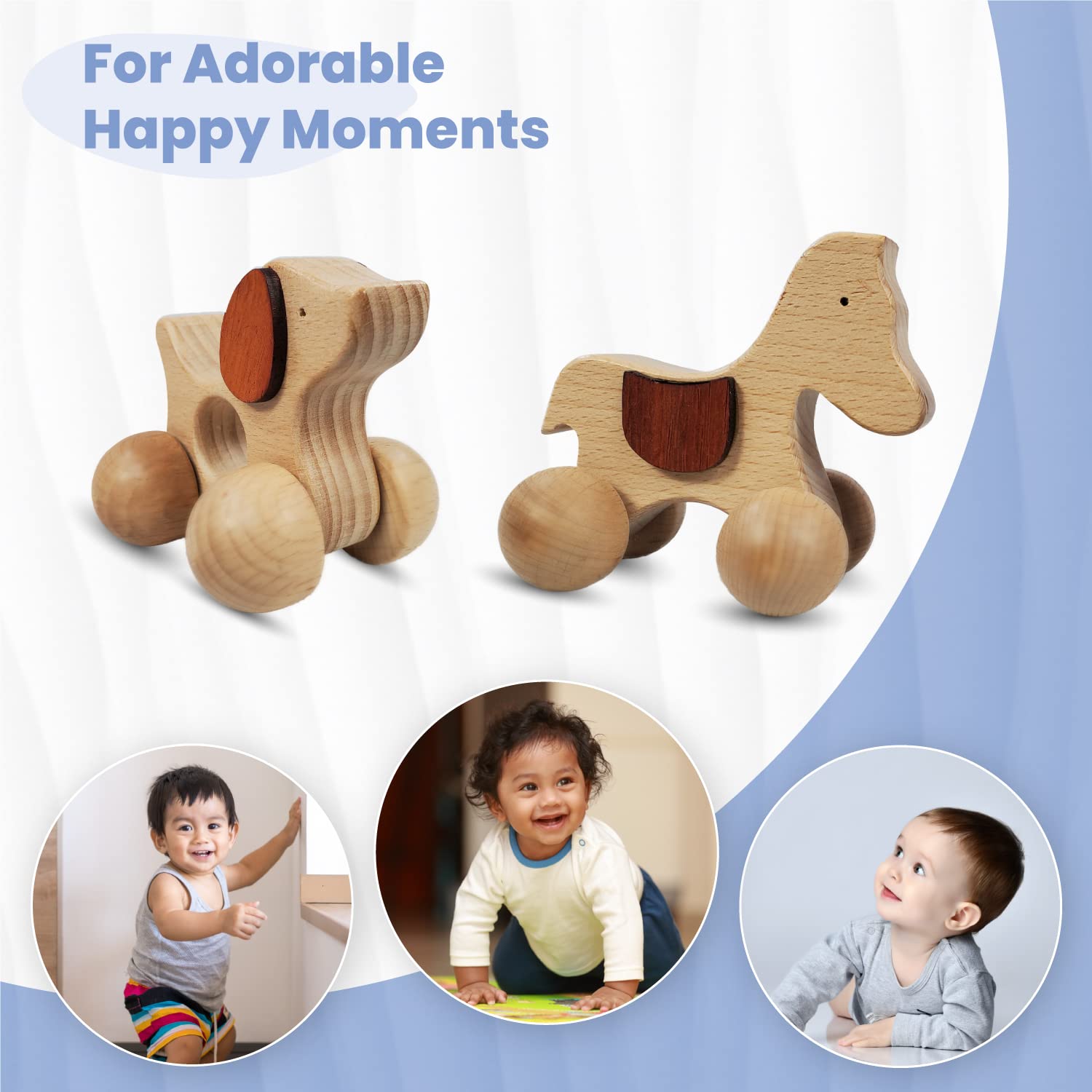 TEKOR Wooden Animal Push Toy with Wheels for Baby, Toddler Grasping & Teething - Montessori Wood Animal Car Set for Skill and Motor Development, Smooth, No Rough Edges (Pack of 2)
