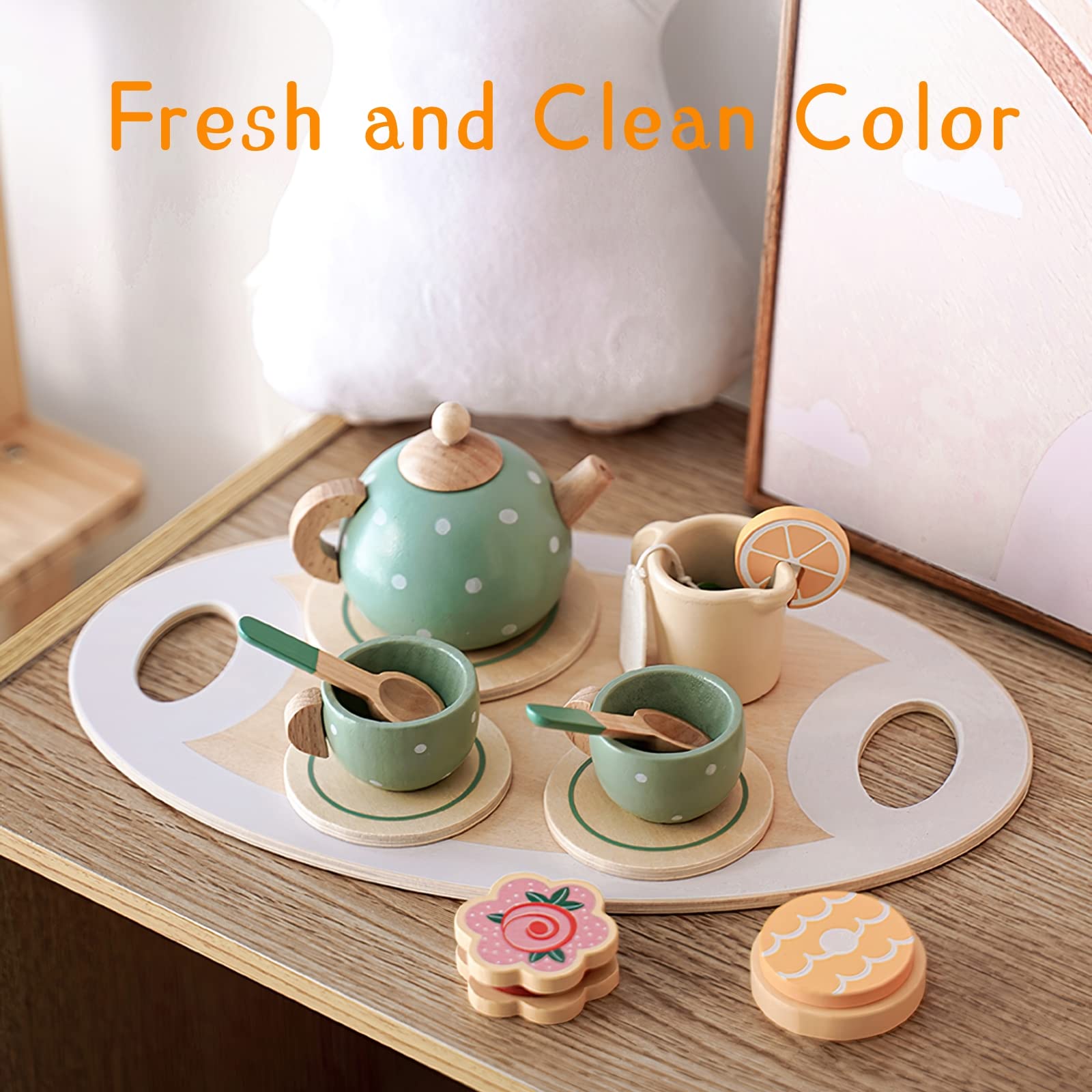 Wooden Tea Party Set for Little Girls Toys, Pretend Play Kids Tea Set for Toddlers Wood Toys, Wooden Play Food Kitchen Accessories Sets for Kid