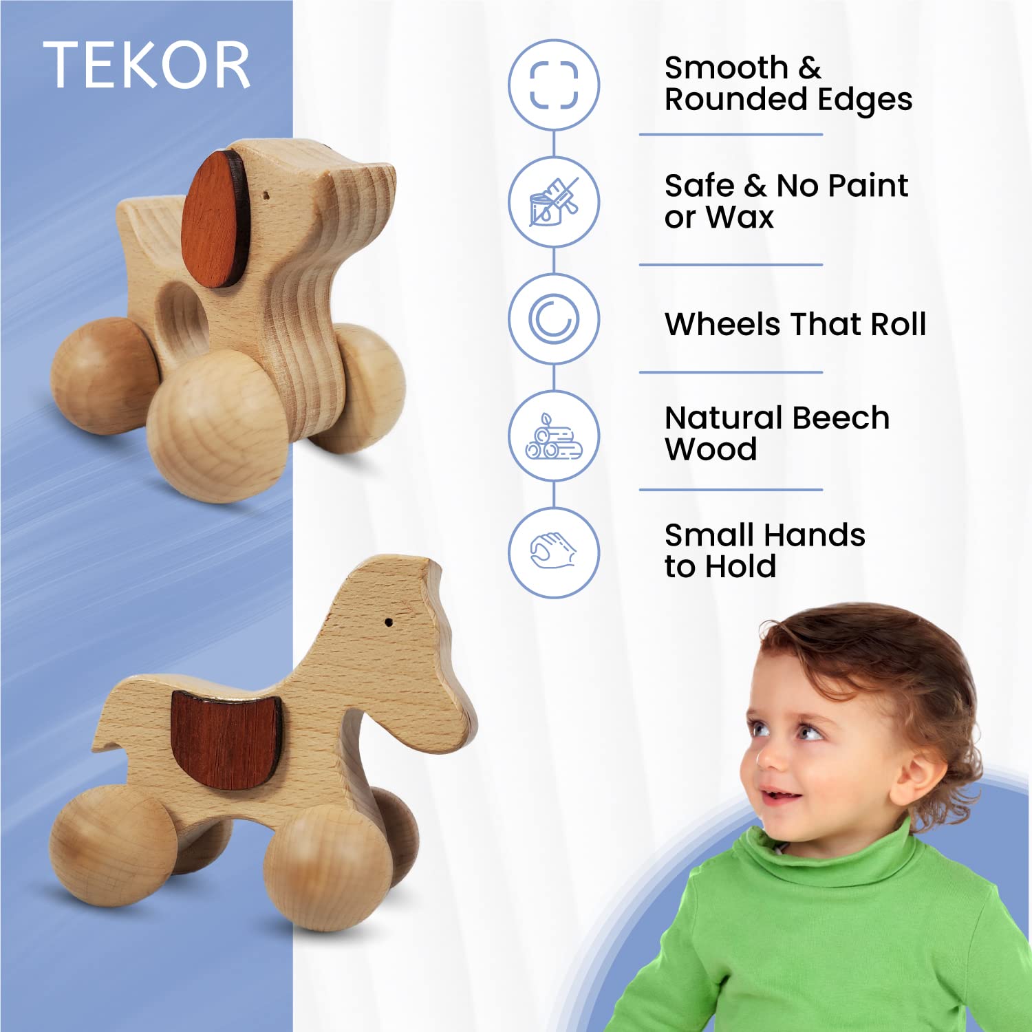 TEKOR Wooden Animal Push Toy with Wheels for Baby, Toddler Grasping & Teething - Montessori Wood Animal Car Set for Skill and Motor Development, Smooth, No Rough Edges (Pack of 2)