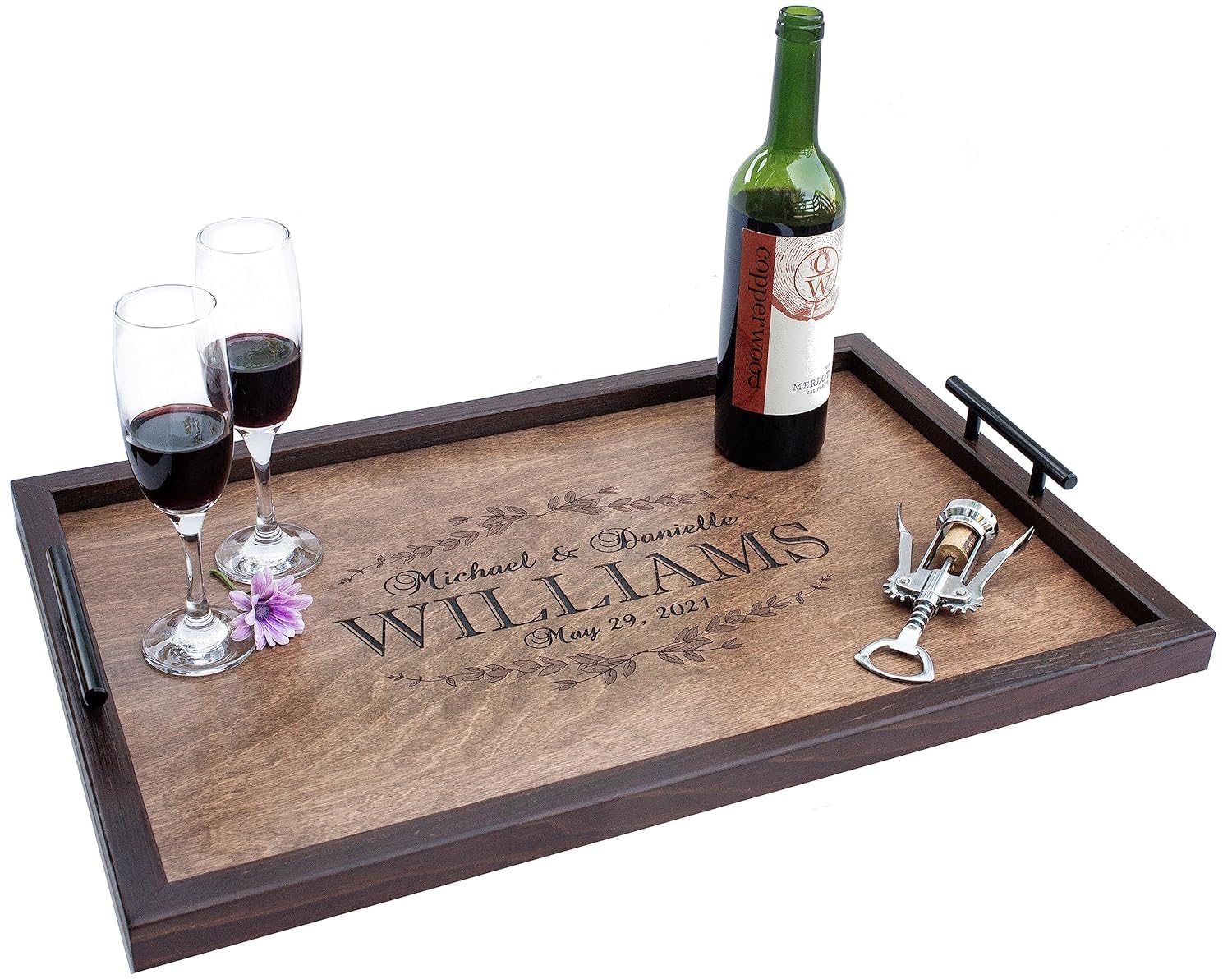 Serving tray with handles personalized wood-wedding gift-anniversary gift-wooden tray-couple names tray-engagement gift-engraved wedding gift (12