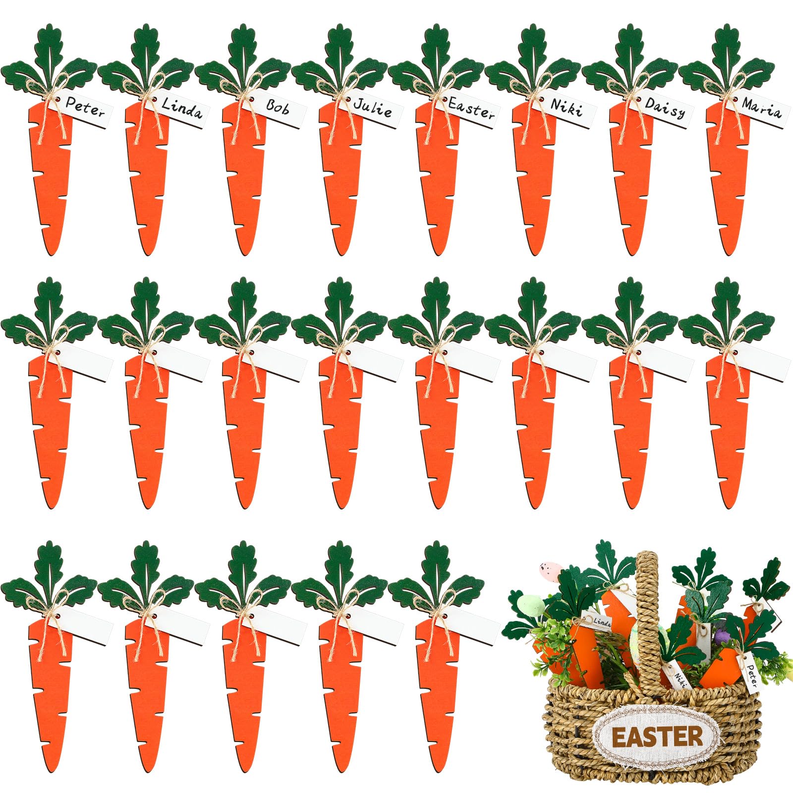 Easter Basket Name Tag Easter Carrot Tags with Twine Personalized Wooden Carrot Blank Sign for Crafts Easter Basket Spring Carrots Decor Hanging Ornaments(24 Pcs)