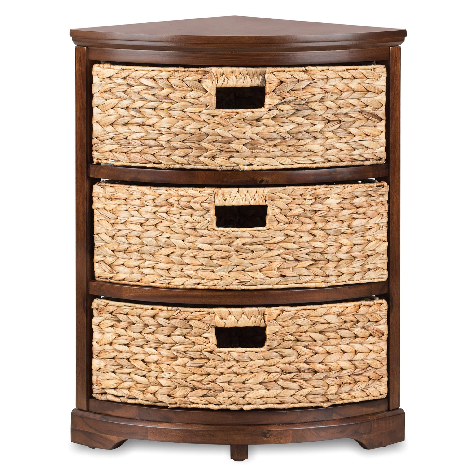 Hampton Meadows 3 Tier X-Side Corner Table Storage Cabinet with 3 Wicker Baskets, Walnut