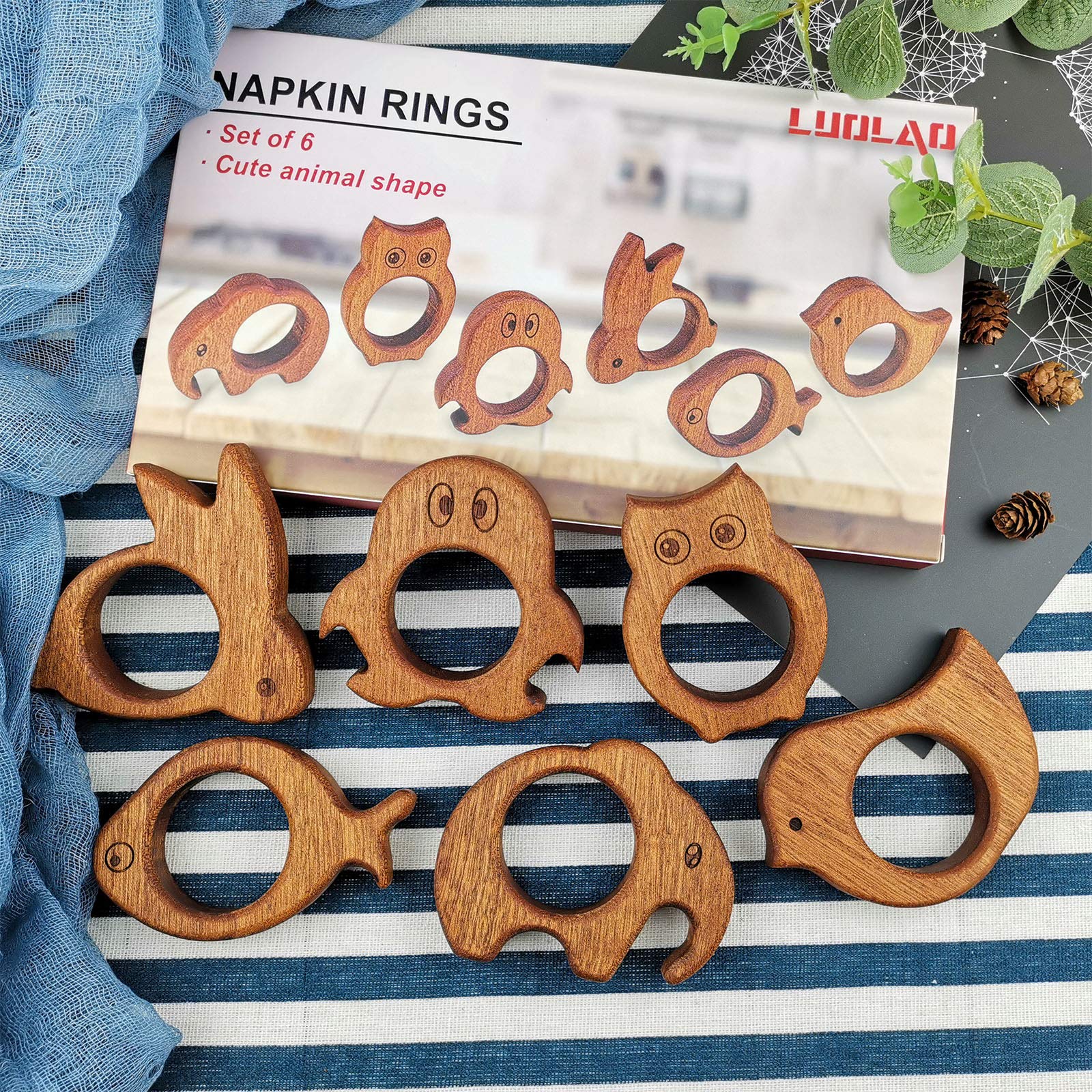 LUOLAO Handmade Wood Napkin Rings Set of 6, Cute Animal Shape Table Decor for Christmas, Thanksgiving and Other Holiday Parties
