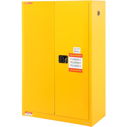 VEVOR Safety 45 Gal, Cold-Rolled Steel Flammable Liquid Storage Cabinet, 42.9 x 18.1 x 65.2 in Explosion Proof with 2 Adjustable Shelves 2 Manual Doors for Industrial Use, Yellow