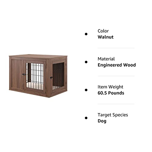 unipaws Furniture Style Dog Crate End Table with Cushion, Wooden Wire Pet Kennels with Double Doors, Medium Dog House Indoor Use (Walnut, Medium)