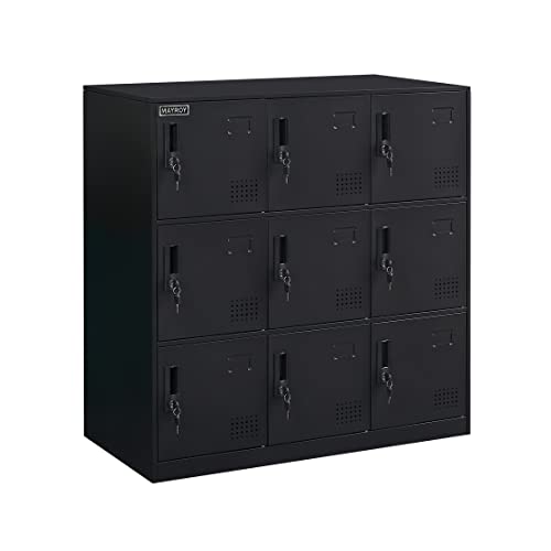 9 Door Locker Office Storage Locker Home and School Storage Organizer Metal Storage Cabinet with Lock for Classroom Gym Kids Room Playroom (Full Black)