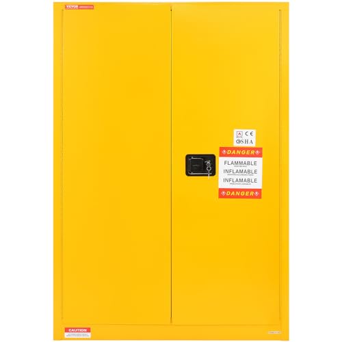 VEVOR Safety 45 Gal, Cold-Rolled Steel Flammable Liquid Storage Cabinet, 42.9 x 18.1 x 65.2 in Explosion Proof with 2 Adjustable Shelves 2 Manual Doors for Industrial Use, Yellow