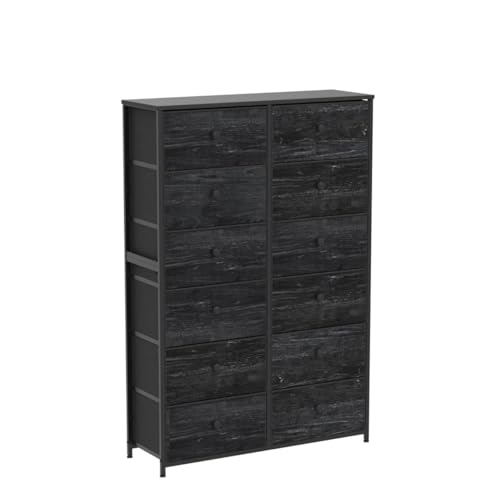 EnHomee Tall Dressers for Bedroom, 12 Drawer with Wooden Top and Metal Frame, Fabric Dresser & Chest of Drawers for Closet Living Room, Black Wood Veins, 11.9