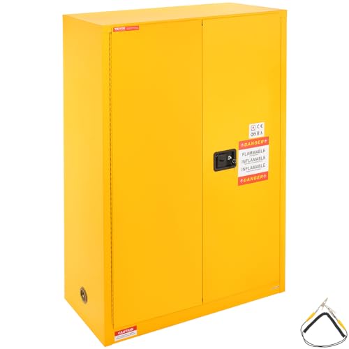 VEVOR Safety 45 Gal, Cold-Rolled Steel Flammable Liquid Storage Cabinet, 42.9 x 18.1 x 65.2 in Explosion Proof with 2 Adjustable Shelves 2 Manual Doors for Industrial Use, Yellow