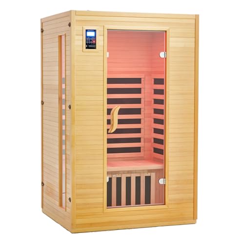 2 Person Sauna, Low EMF 6 Heating Plate Infrared Physical Therapy Wooden Dry Steam Sauna with MP3 Auxiliary Connection, Dual Controls, Iron Shirt Wall Plate, Home Spa Day Use, Winter Gift