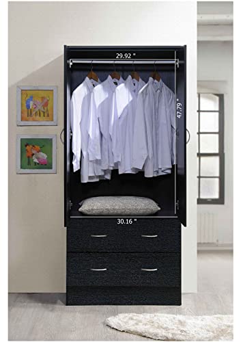 HODEDAH 2 Door Wood Wardrobe Bedroom Closet with Clothing Rod inside Cabinet and 2 Drawers for Storage, Black