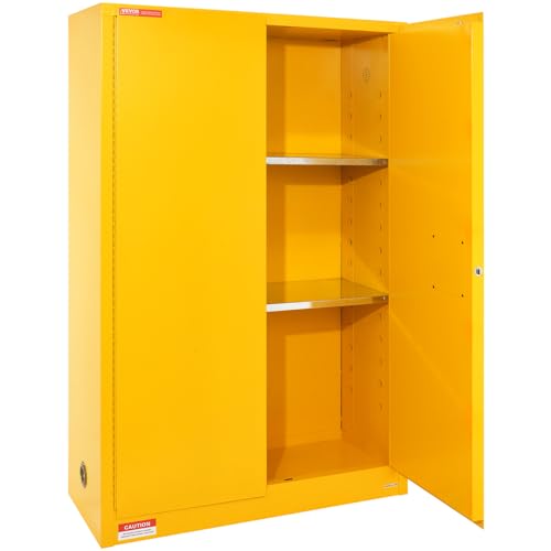 VEVOR Safety 45 Gal, Cold-Rolled Steel Flammable Liquid Storage Cabinet, 42.9 x 18.1 x 65.2 in Explosion Proof with 2 Adjustable Shelves 2 Manual Doors for Industrial Use, Yellow