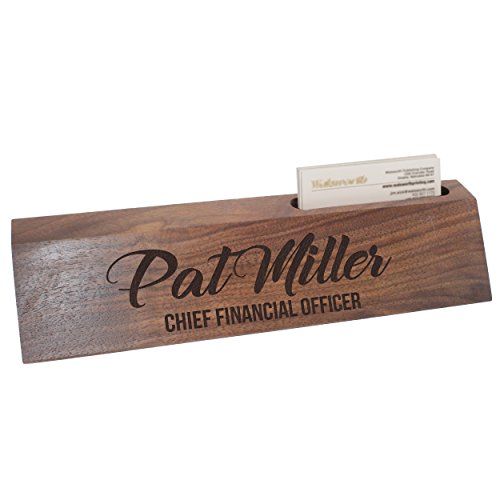 The Wedding Party Store, Custom Engraved Desk Name Plate - Personalized Desk Wedge with Business Card Holder (Walnut Wood)