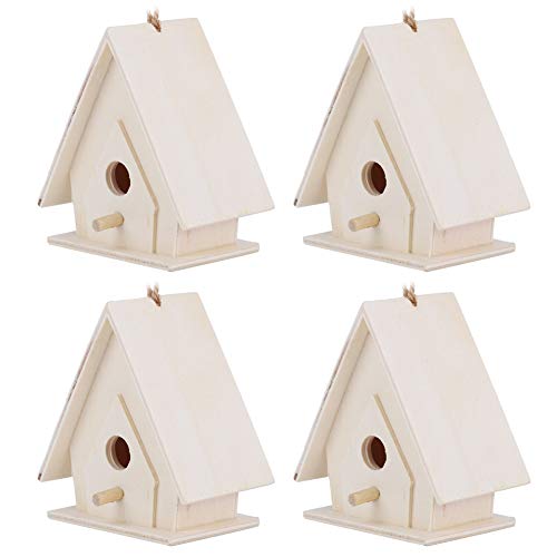 Outdoor Bird Houses, Wooden Birdhouse, 4Pcs Mini Hanging Wooden Bird House with Pole, Bird Nests Cage Ornament Crafts, for Garden Courtyard Decor