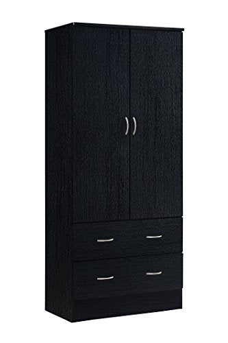 HODEDAH 2 Door Wood Wardrobe Bedroom Closet with Clothing Rod inside Cabinet and 2 Drawers for Storage, Black