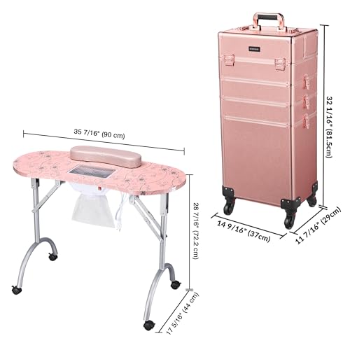 BYOOTIQUE Rolling Manicure Table 4in1 Makeup Train Case Foldable Nail Desk Cosmetology Case on Wheels with Built-in Dust Collector for Technician Workstation Mobile Artist Home Spa Beauty Salon, Pink