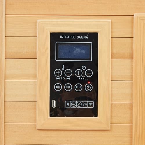 2 Person Sauna, Low EMF 6 Heating Plate Infrared Physical Therapy Wooden Dry Steam Sauna with MP3 Auxiliary Connection, Dual Controls, Iron Shirt Wall Plate, Home Spa Day Use, Winter Gift