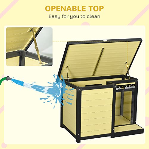 PawHut Dog House Outdoor with Openable Top, Raised Weather Resistant Dog Shelter with Front Door, PVC Curtain, Porch for Medium Sized Dog, Natural Wood