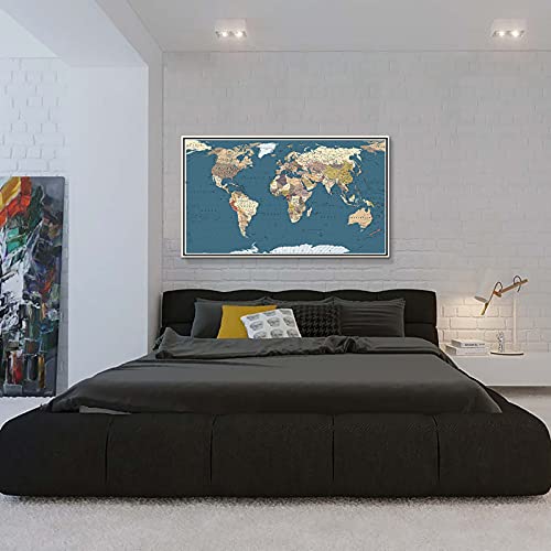 WELMECO Large Office Wall Decoration Detailed World Map Canvas Prints with Premium White frame Push Pins Travel Map of The World Picture Artwork for Modern Home Office Living Room Decor