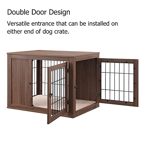 unipaws Furniture Style Dog Crate End Table with Cushion, Wooden Wire Pet Kennels with Double Doors, Medium Dog House Indoor Use (Walnut, Medium)