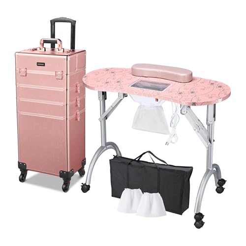 BYOOTIQUE Rolling Manicure Table 4in1 Makeup Train Case Foldable Nail Desk Cosmetology Case on Wheels with Built-in Dust Collector for Technician Workstation Mobile Artist Home Spa Beauty Salon, Pink