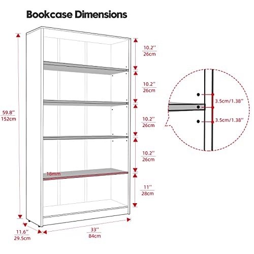 Wood Bookcase 5-Shelf Freestanding Display Wooden Bookshelf for Home Office School (11.6